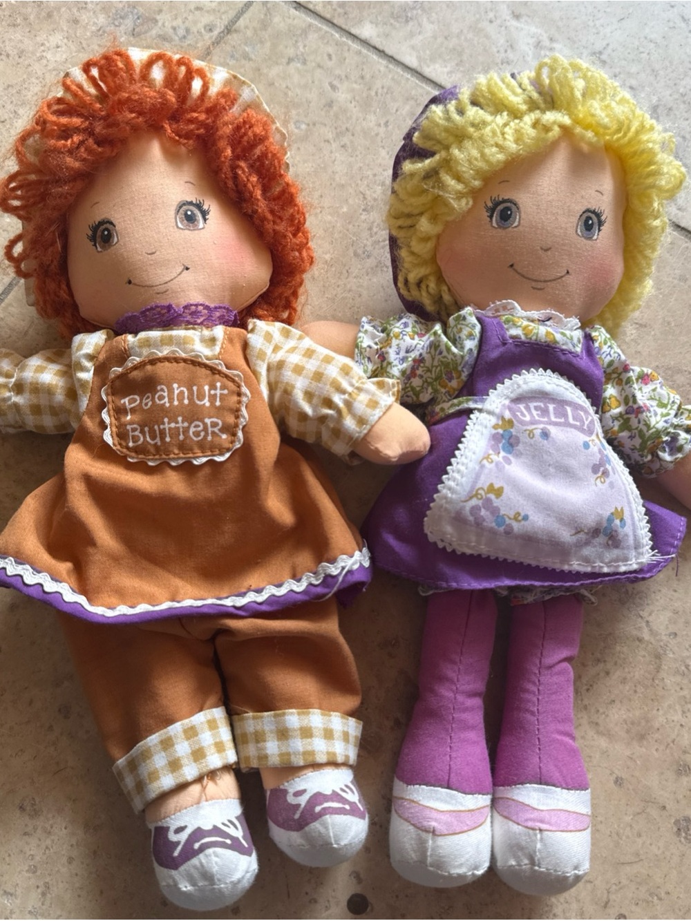 Pair of Vintage Plush Rag Dolls Peanut Butter and Jelly Purple and Brown Outfits